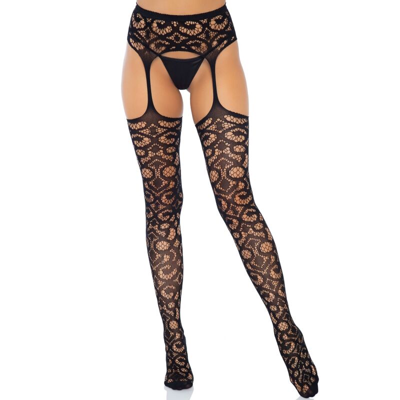 Leg Avenue Hosiery Leg Avenue - Scroll Lace Garter Belt Stockings One Size