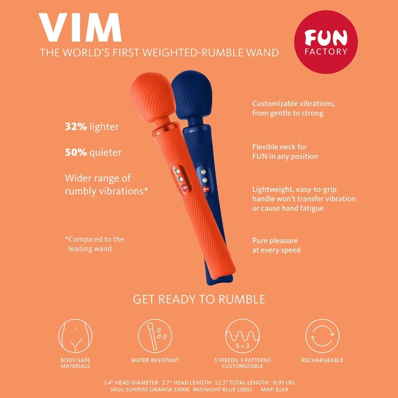 Fun Factory Vim Wand Rumble Vibrador Recargable Silicona Naranja