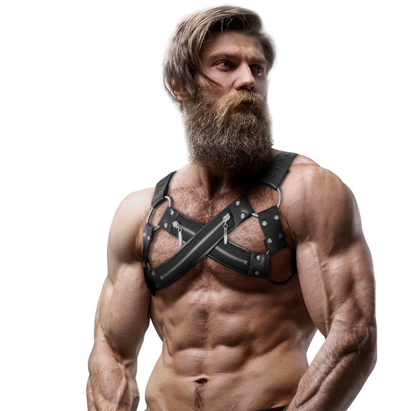 Fetish Submissive Attitude Adjustable Neoprene Cross-Over Chest Bulldog Harness With Zippers For Men