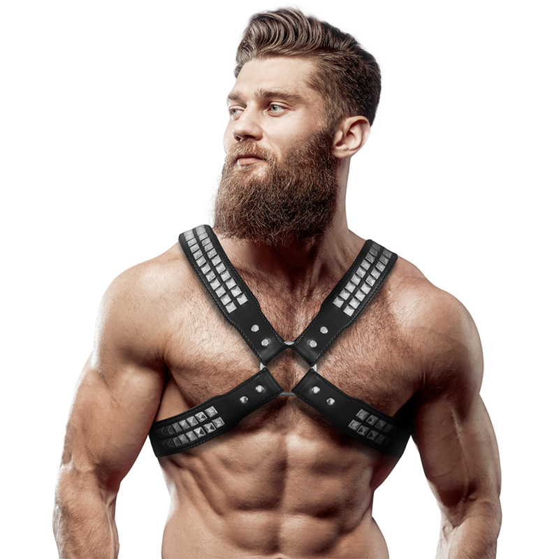 Fetish Submissive Attitude Mens Crossed Chest Eco-Leather Harness With Rivets