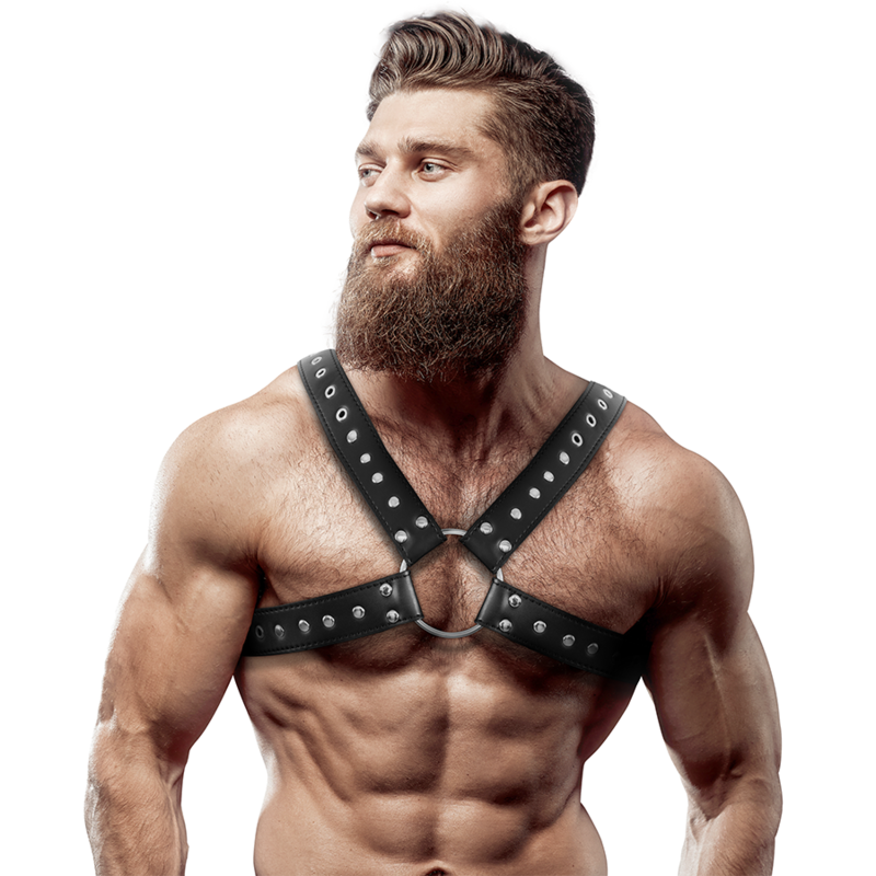 Fetish Submissive Attitude Mens Cross-Over Eco-Leather Chest Harness With Studs