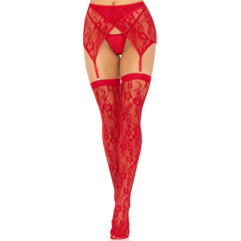 Leg Avenue Hosiery Leg Avenue - Medias Encaje & Liguero Rojo