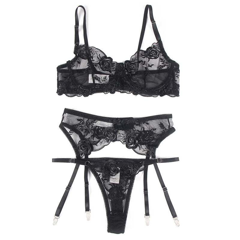 Subblime Sets Subblime - Set De 3 Piezas Sujetador + Tanga + Liga Estampado Floral Negro S/M
