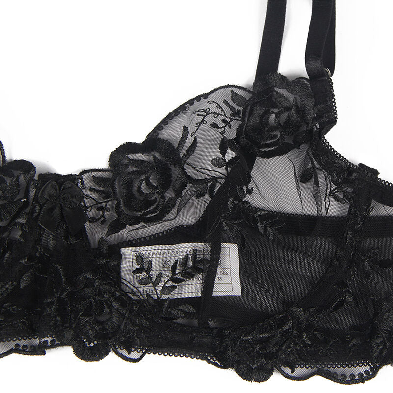 Subblime Sets Subblime - Set De 3 Piezas Sujetador + Tanga + Liga Estampado Floral Negro S/M
