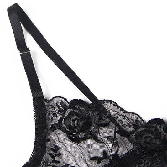 Subblime Sets Subblime - Set De 3 Piezas Sujetador + Tanga + Liga Estampado Floral Negro S/M