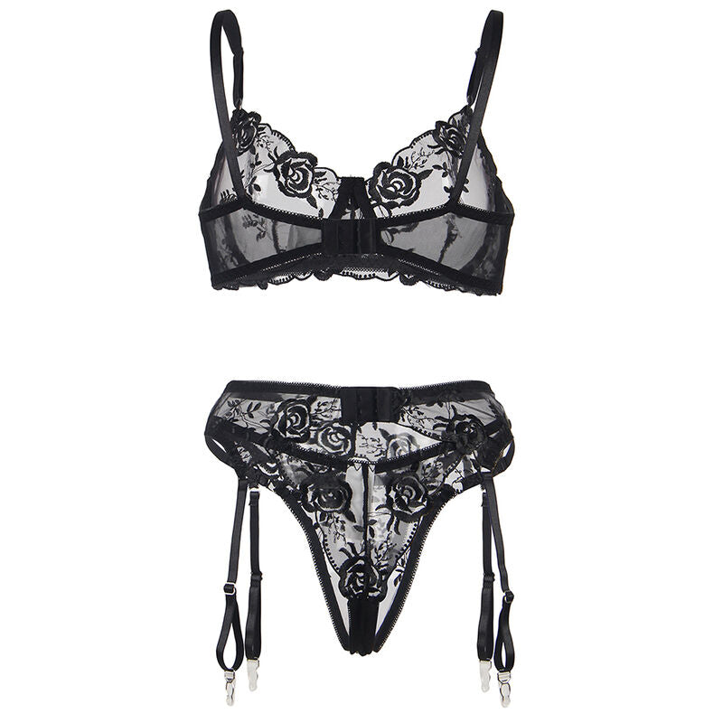 Subblime Sets Subblime - Set De 3 Piezas Sujetador + Tanga + Liga Estampado Floral Negro S/M