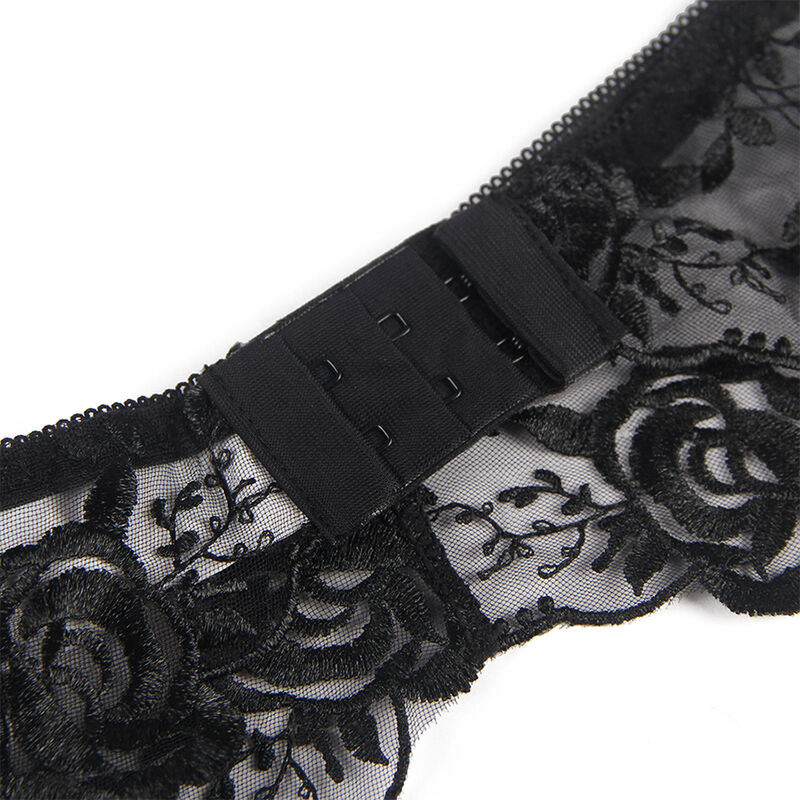 Subblime Sets Subblime - Set De 3 Piezas Sujetador + Tanga + Liga Estampado Floral Negro S/M