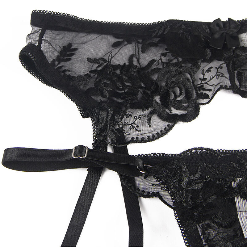 Subblime Sets Subblime - Set De 3 Piezas Sujetador + Tanga + Liga Estampado Floral Negro S/M