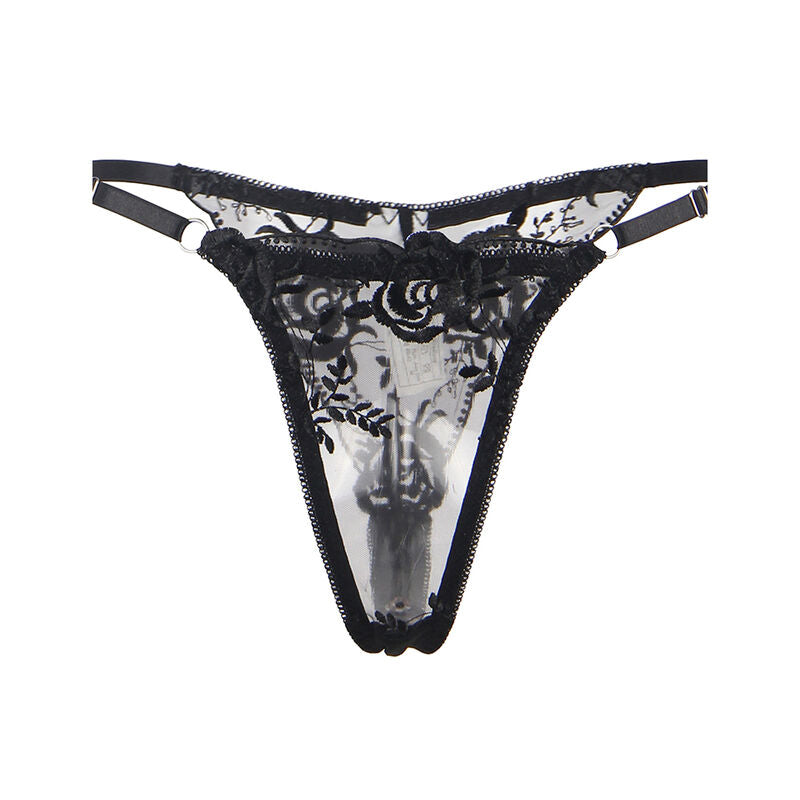 Subblime Sets Subblime - Set De 3 Piezas Sujetador + Tanga + Liga Estampado Floral Negro S/M