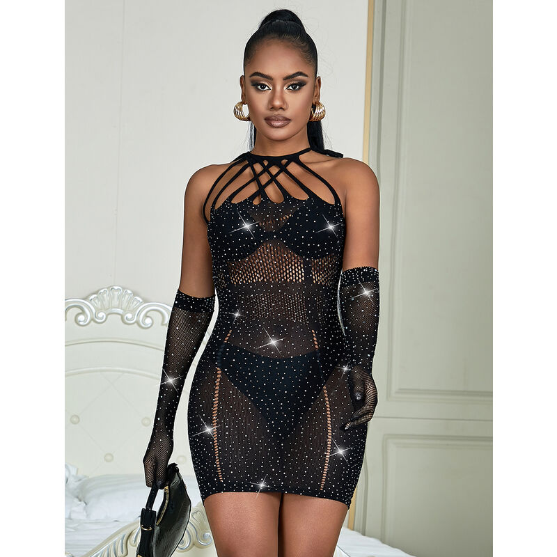 Subblime Dresses Subblime - 952235 Fishnet Dress With Rhinestones Black One Size