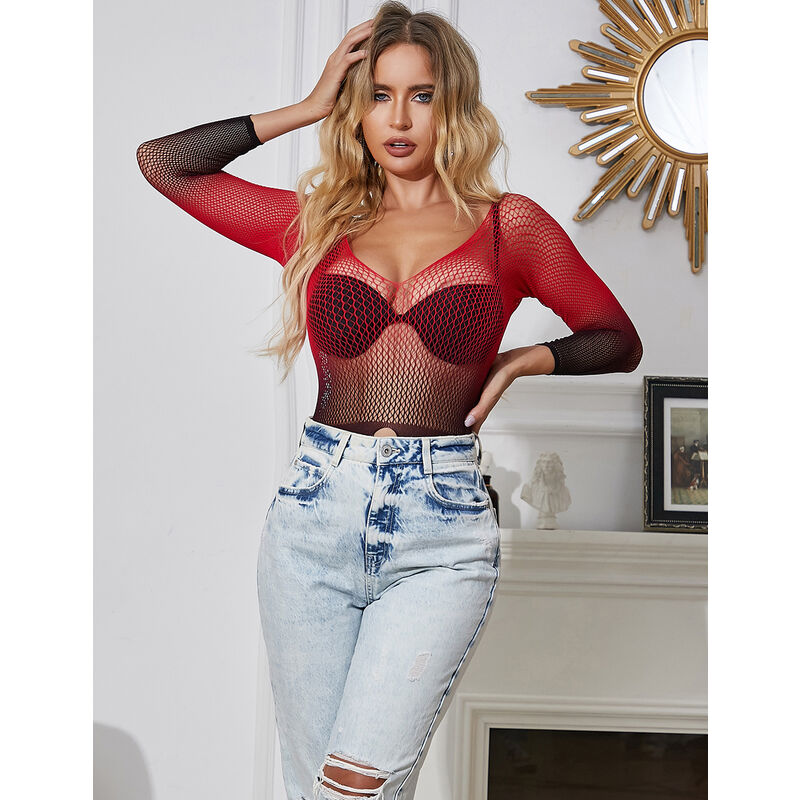 Subblime Dresses Subblime - 952259 Red And Black Gradient Long Sleeve Elastic Fishnet Dress One Size