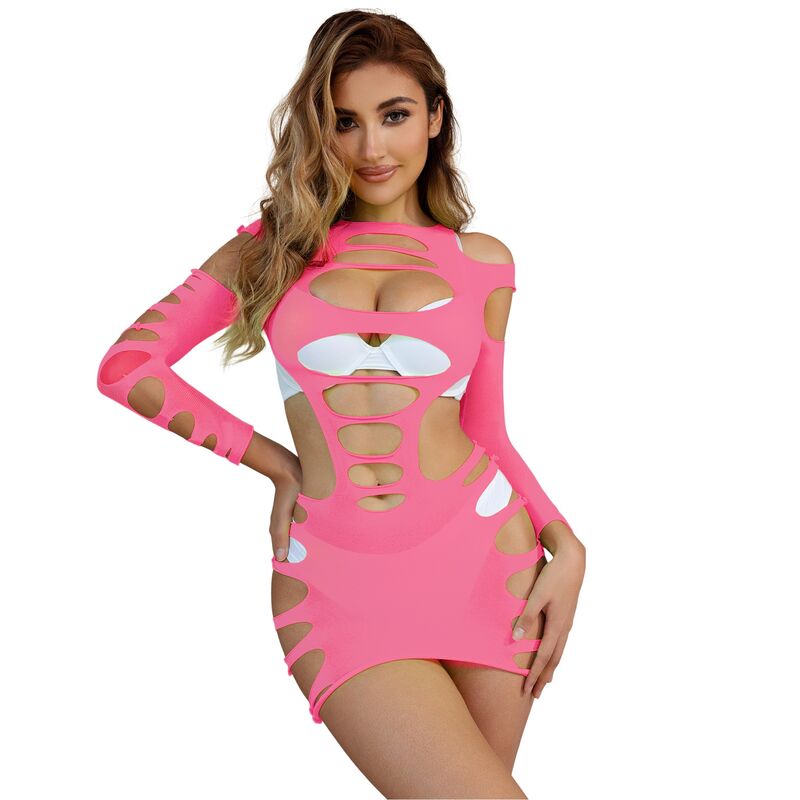 Subblime Dresses Subblime - 952273 Long Sleeve Elastic Fishnet Dress Pink One Size