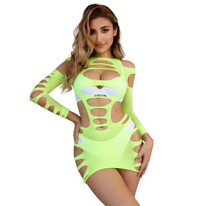 Subblime Dresses Subblime - 952280 Green Long Sleeve Elastic Fishnet Dress One Size