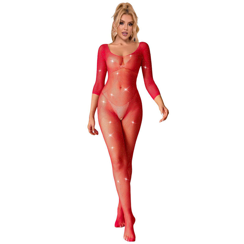 Subblime Bodystockings Subblime - 952419 Fishnet Bodystocking With Diamonds Long Sleeve Red One Size