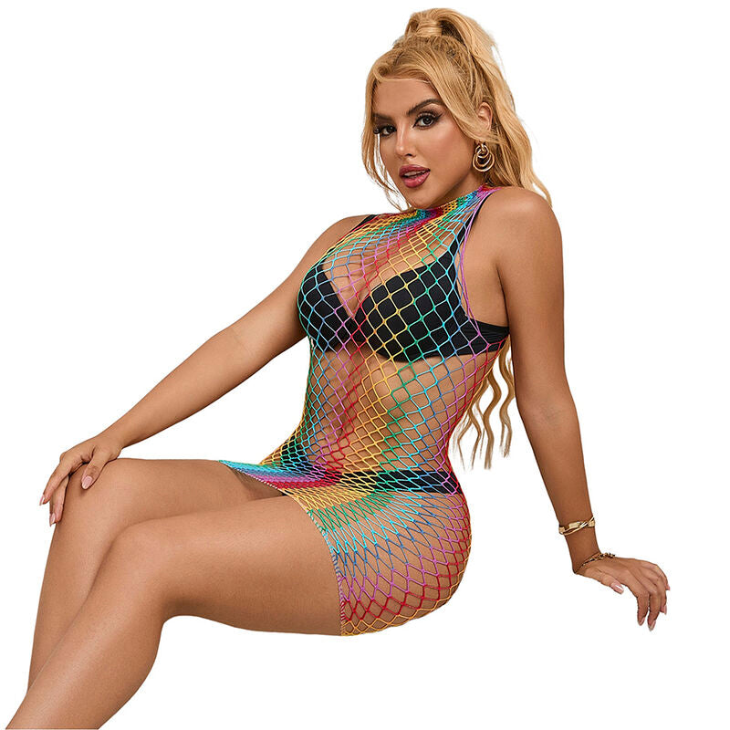 Subblime Dresses Subblime - 952433 Rainbow High Neck Sleeveless Fishnet Dress One Size