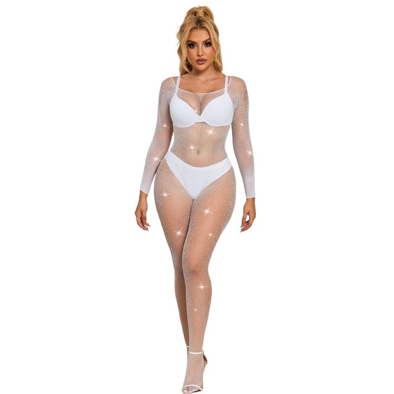 Subblime Bodystockings Subblime - 952396 Fishnet Bodystocking With Diamonds Long Sleeve White One Size