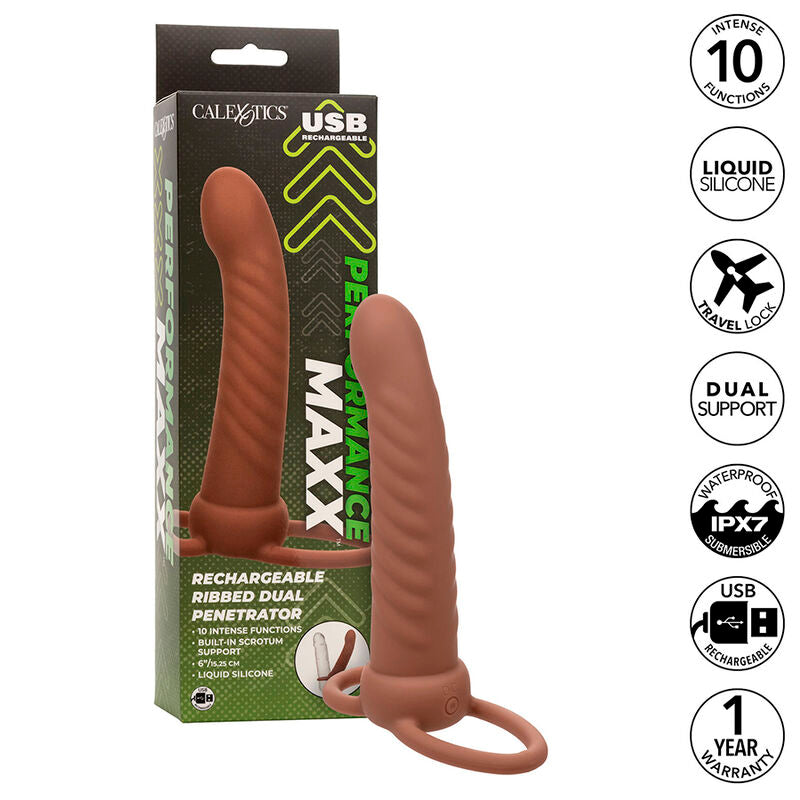 Calexotics Maxx Ribbed Dual Penetrator 10 Vibrations Brown