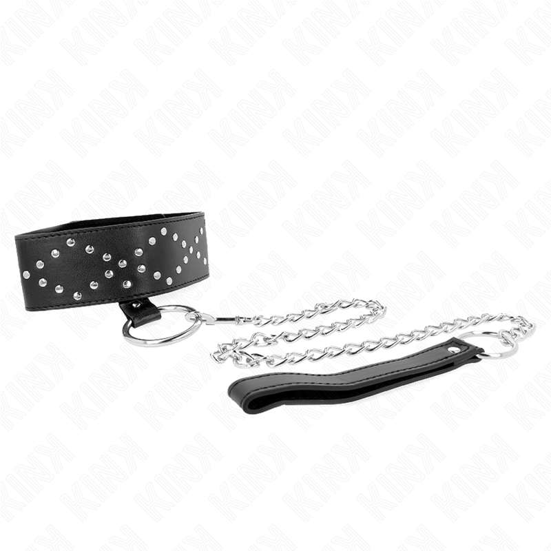 Kink Collar & Gag Kink - Necklace 65 Cm With Leash With Silver Studs Model 3 Adjustable 36-43 Cm X 5 Cm