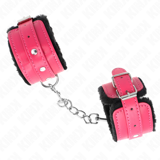 Kink Wrist Restraint Kink - Premium Fur Lined Wrist Restraints Black With Raspberry Rose Belt Adjustable 17-29 Cm X 6 Cm