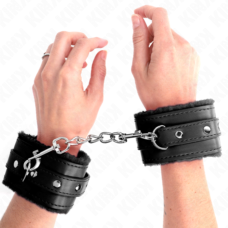 Kink Wrist Restraint Kink - Premium Fur Lined Wrist Restraints Black With Black Belt Adjustable 17-29 Cm X 6 Cm