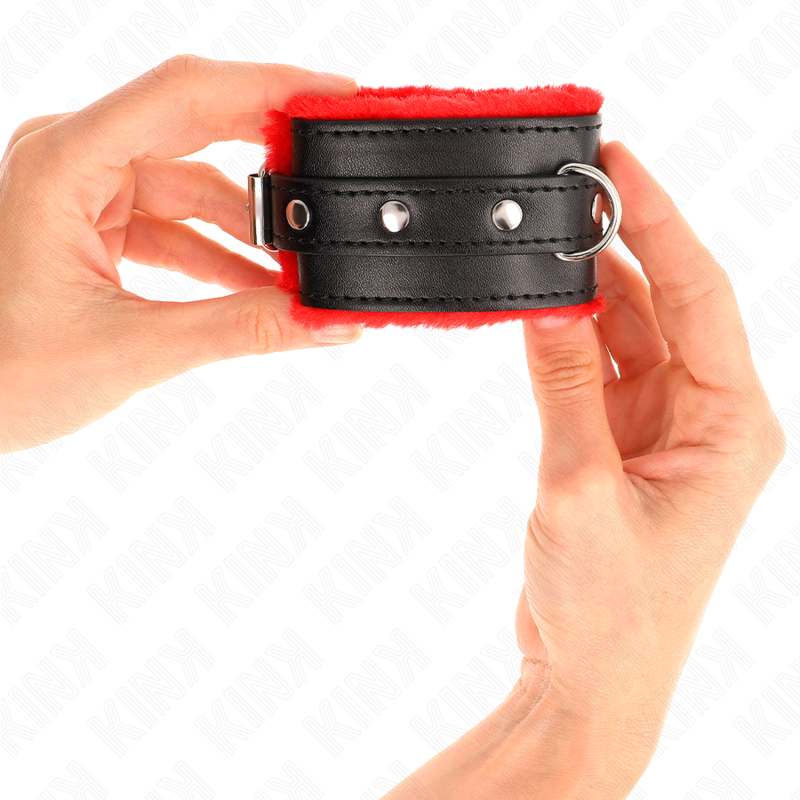Kink Wrist Restraint Kink - Premium Fur Lined Wrist Restraints Red With Black Belt Adjustable 17-29 Cm X 6 Cm