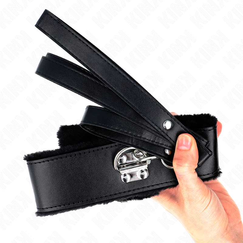 Kink Collar & Gag Kink - Necklace With Leash 116 Cm With Silver Studs Model 4 Black Adjustable 40-48 Cm X 6 Cm