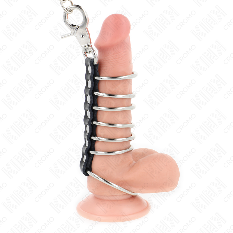 Kink Ring Power Kink - 7 Metal Penis Rings 3.8 Cm To 5 Cm Connected With Leather And Metal Chain 100 Cm