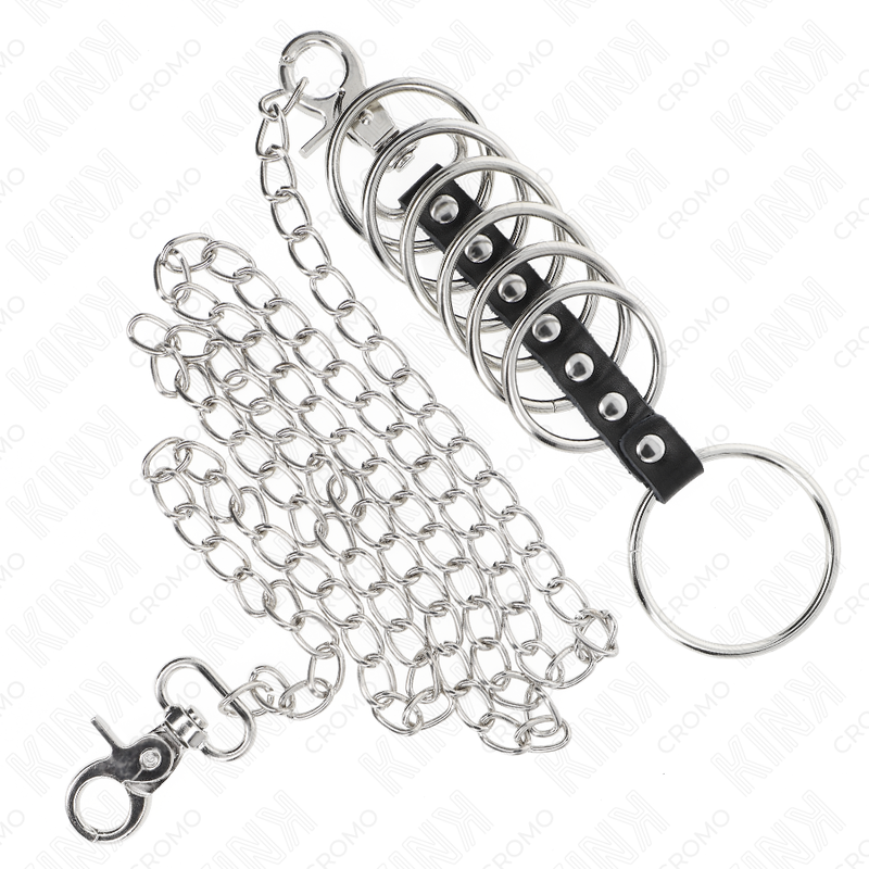 Kink Ring Power Kink - 7 Metal Penis Rings 3.8 Cm To 5 Cm Connected With Leather And Metal Chain 100 Cm