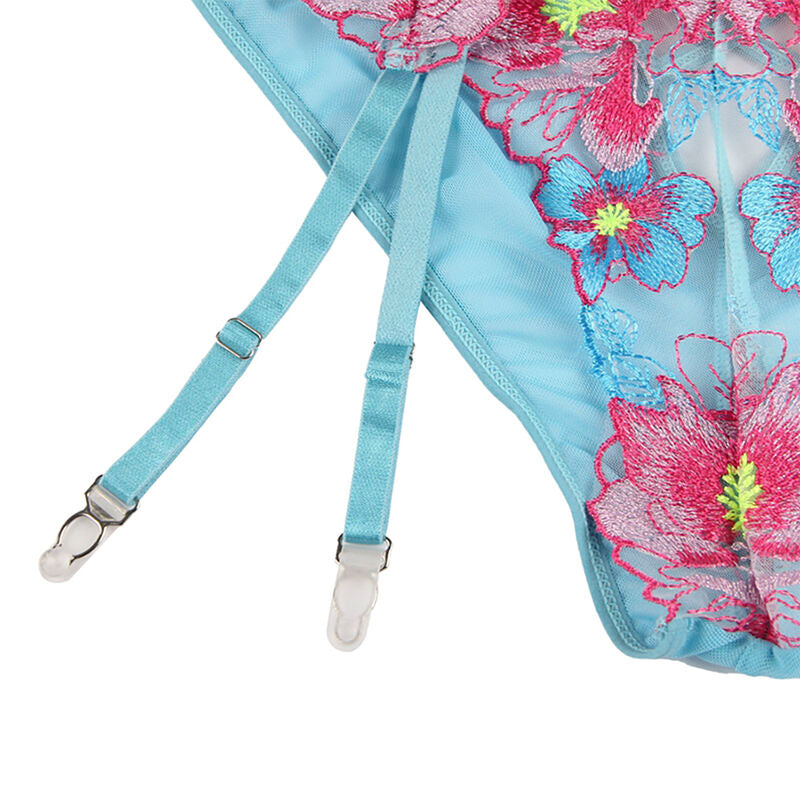 Subblime Sets Subblime - 954116 Bra + Panties With Garter Belt Floral Design Blue L/Xl