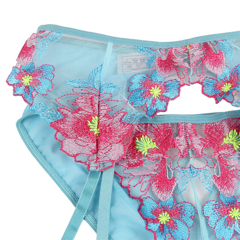 Subblime Sets Subblime - 954116 Bra + Panties With Garter Belt Floral Design Blue L/Xl