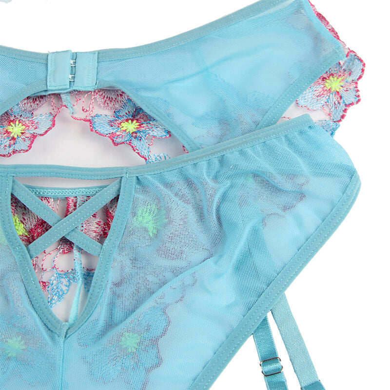Subblime Sets Subblime - 954116 Bra + Panties With Garter Belt Floral Design Blue L/Xl