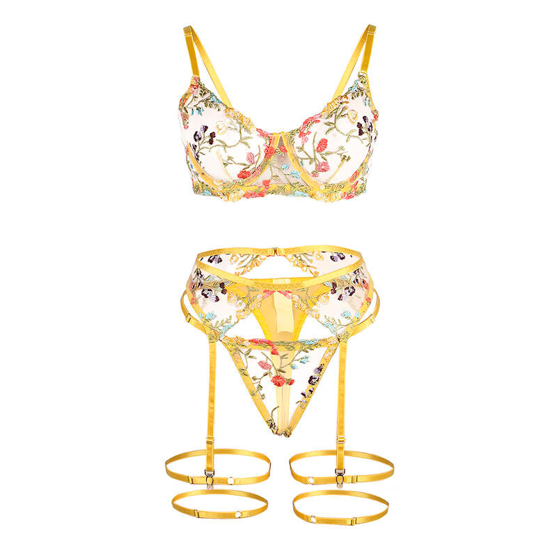 Subblime Sets Subblime - 954345 Bra + Thong + Garter Belt Floral Design Yellow S/M