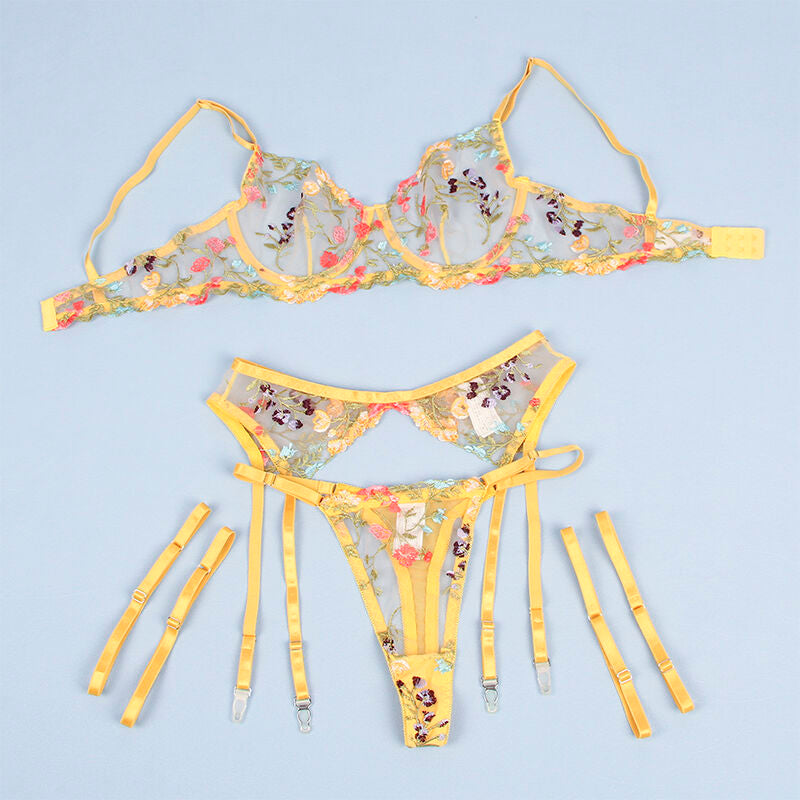 Subblime Sets Subblime - 954352 Bra + Thong + Garter Belt Floral Design Yellow L/Xl