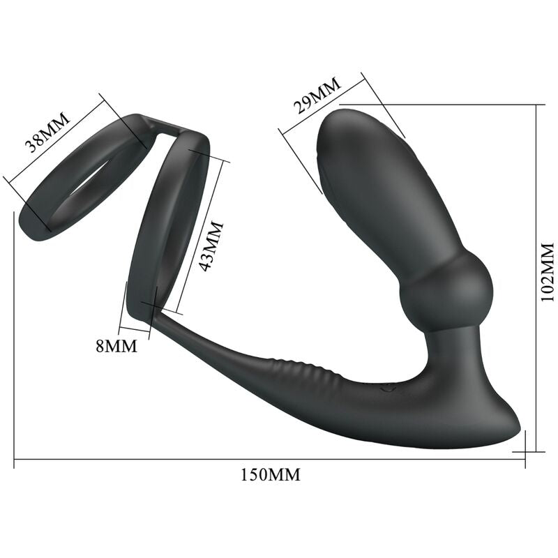 Pretty Love Emoni Penis Ring + Anal Plug 12 Vibrations Black