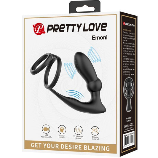 Pretty Love Emoni Penis Ring + Anal Plug 12 Vibrations Black
