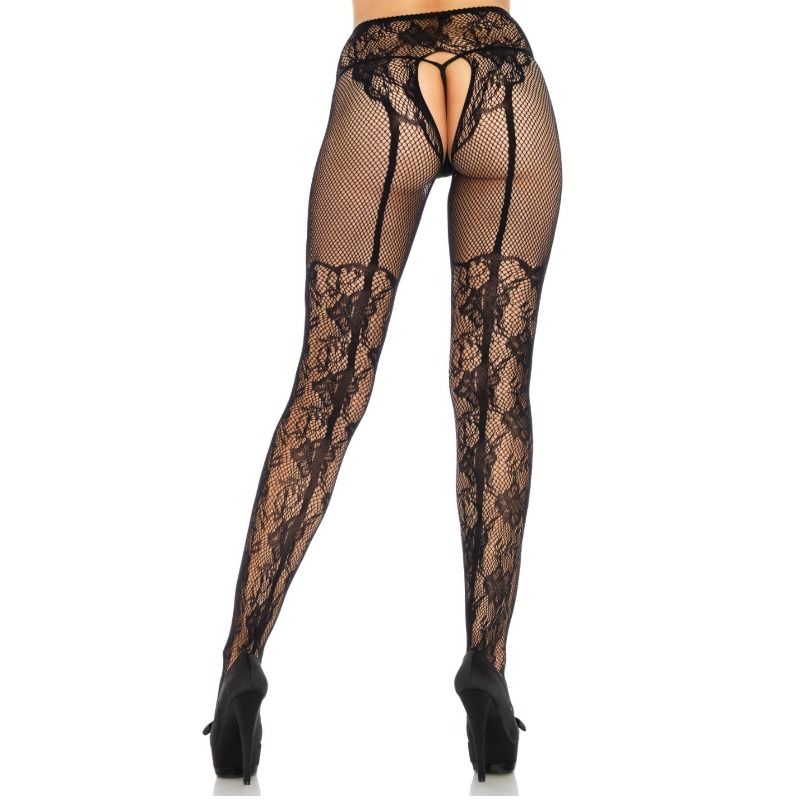 Leg Avenue Hosiery Leg Avenue - Stocking Flowers Design Back Crothless One Size