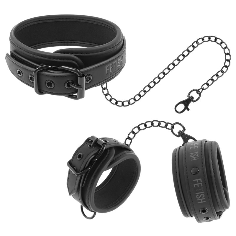 Fetish Submissive Bondage Fetish Submissive - Vegan Leather Necklace And Handcuffs With Noprene Lining