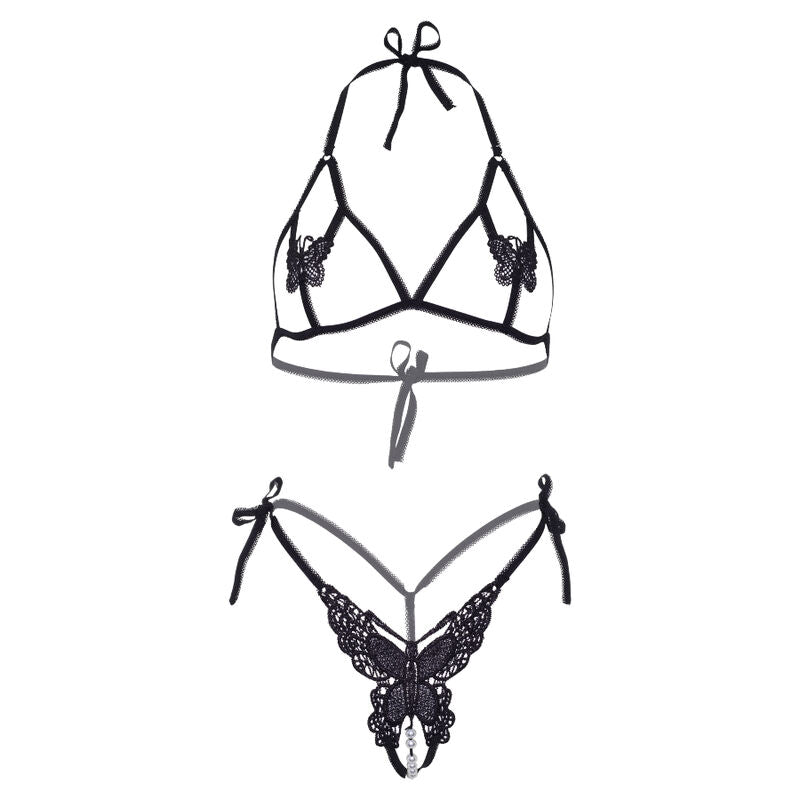 Leg Avenue Sets Leg Avenue - Set Dos Piezas Sujetador Y Tanga De Mariposas Y Perlas Talla Unica - Negro