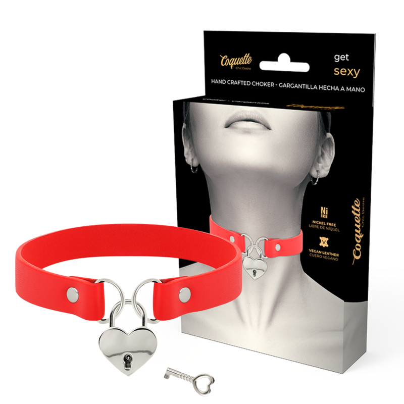 Coquette Accessories Coquette Chic Desire - Red Vegan Leather Necklace With Heart Accessory With Key