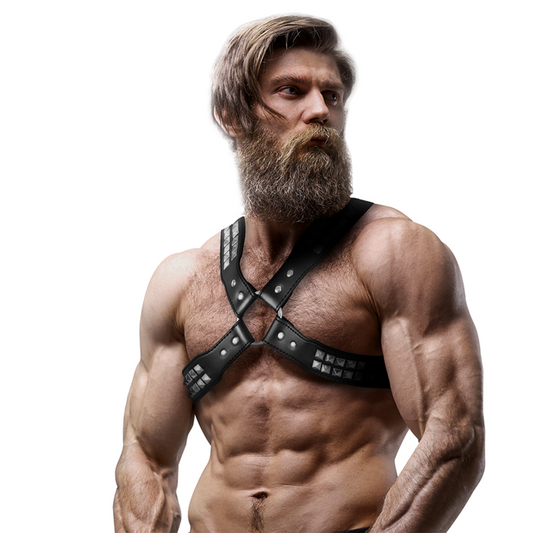 Fetish Submissive Attitude Mens Crossed Chest Eco-Leather Harness With Rivets