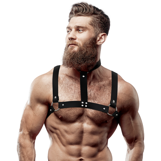 Fetish Submissive Attitude Adjustable Eco-Leather Chest Harness With Necklace For Men