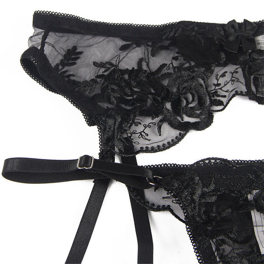 Subblime Sets Subblime - Set De 3 Piezas Sujetador + Tanga + Liga Estampado Floral Negro S/M