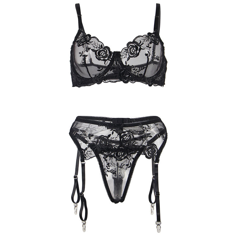 Subblime Sets Subblime - Set De 3 Piezas Sujetador + Tanga + Liga Estampado Floral Negro S/M