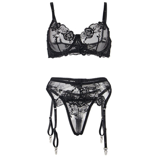 Subblime Sets Subblime - Set De 3 Piezas Sujetador + Tanga + Liga Estampado Floral Negro S/M