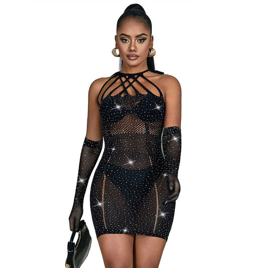 Subblime Dresses Subblime - 952235 Fishnet Dress With Rhinestones  Black One Size