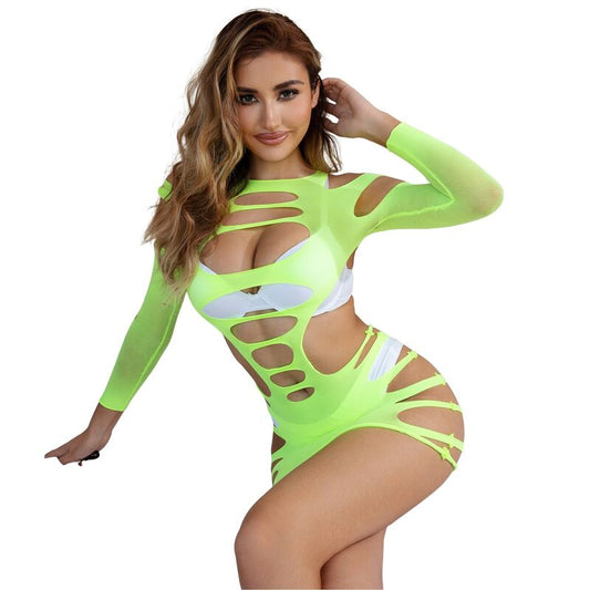 Subblime Dresses Subblime - 952280 Green Long Sleeve Elastic Fishnet Dress One Size