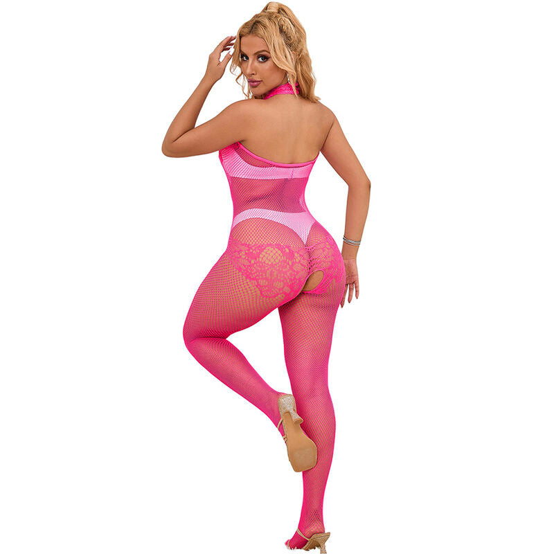 Subblime Bodystockings Subblime - 952389 Fishnet And Lace Crotchless Bodystocking With High Neck Pink One Size