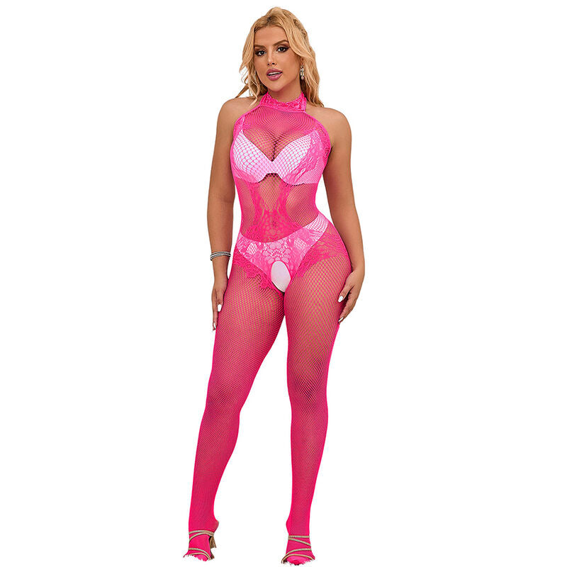 Subblime Bodystockings Subblime - 952389 Fishnet And Lace Crotchless Bodystocking With High Neck Pink One Size