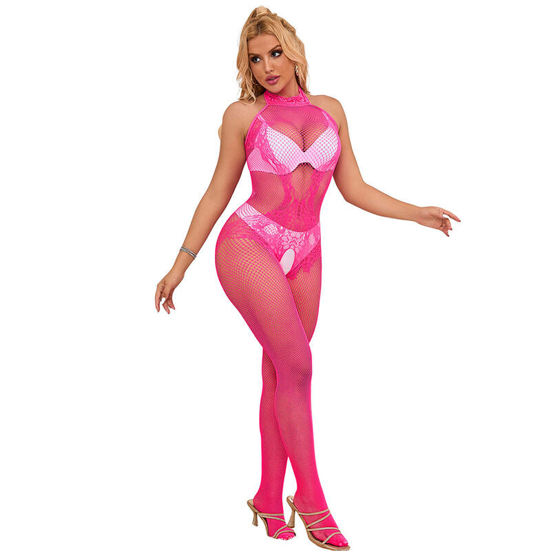 Subblime Bodystockings Subblime - 952389 Fishnet And Lace Crotchless Bodystocking With High Neck Pink One Size