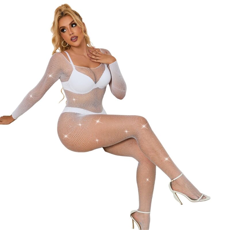 Subblime Bodystockings Subblime - 952396 Fishnet Bodystocking With Diamonds Long Sleeve White One Size